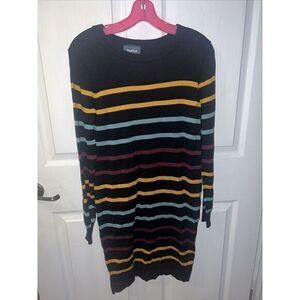 Modcloth Striped Colorblock Sweater Dress Ribbed Knit Long Sleeve Rainbow Sz Med